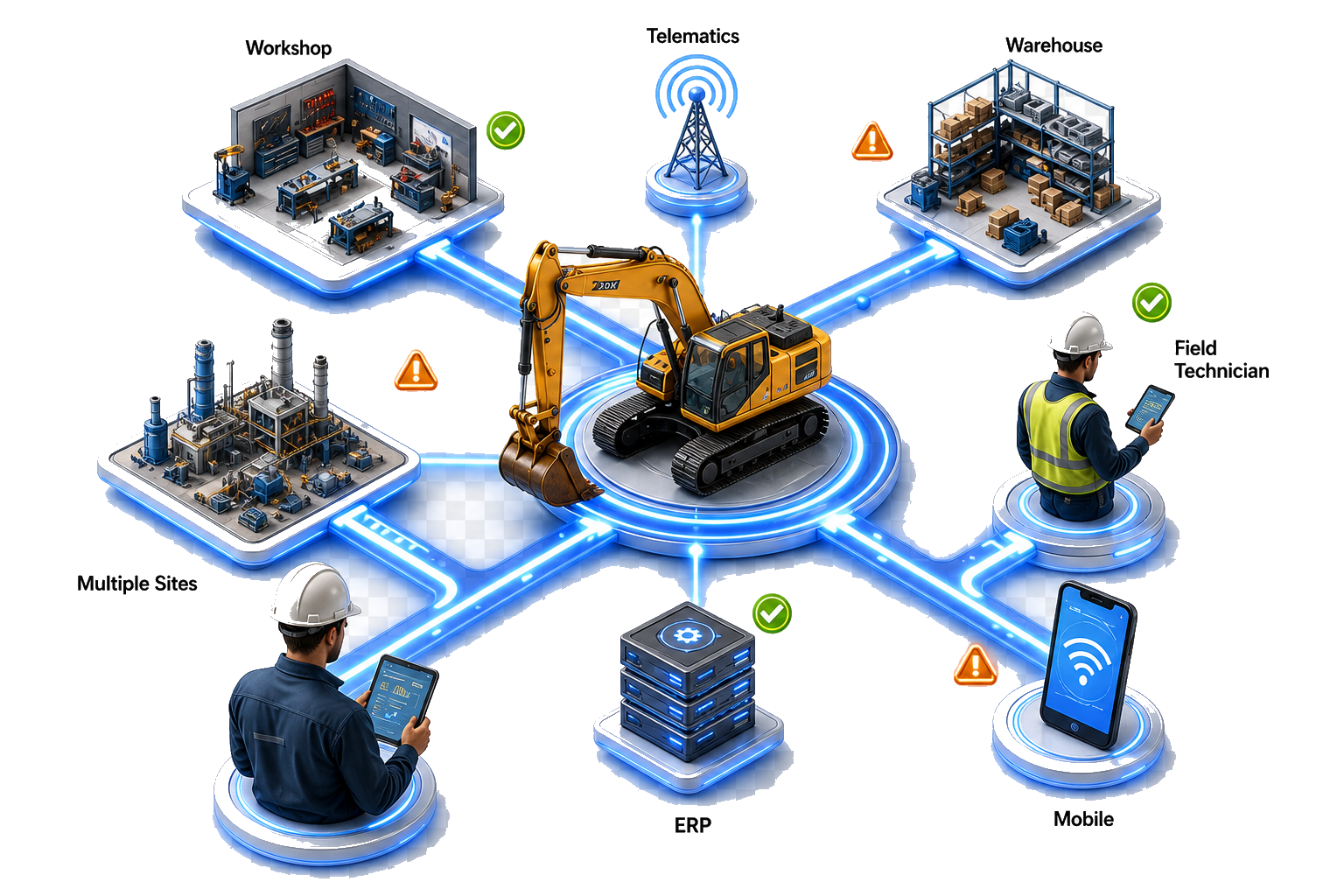 AssetFlow connecting workshop, telematics, warehouse, field technician, mobile, ERP and multiple sites around a central asset